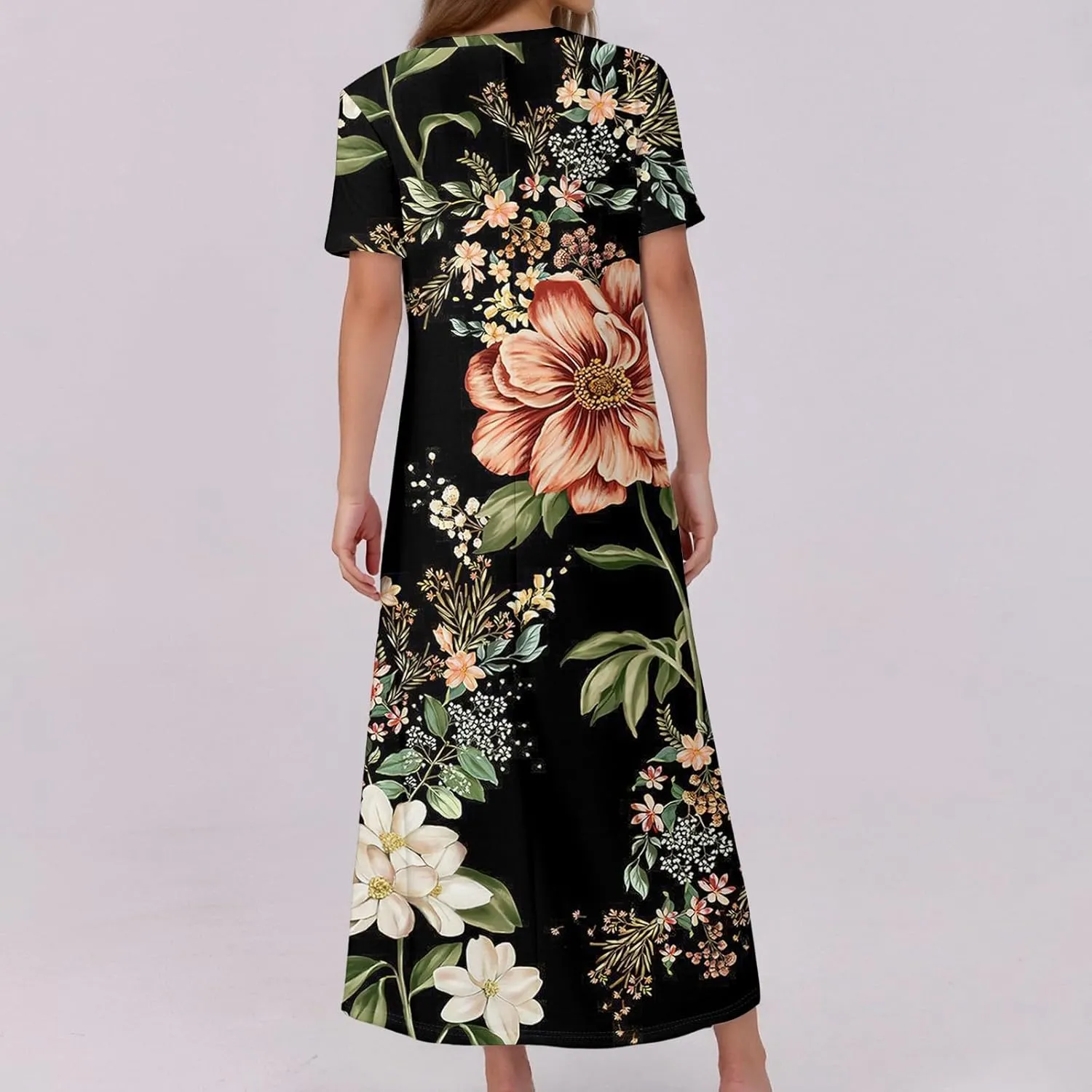 Women's Casual Summer 2025 Dresses Round Neck Short Sleeve Floral Print Button Dresses Casual Swing Boho Dress