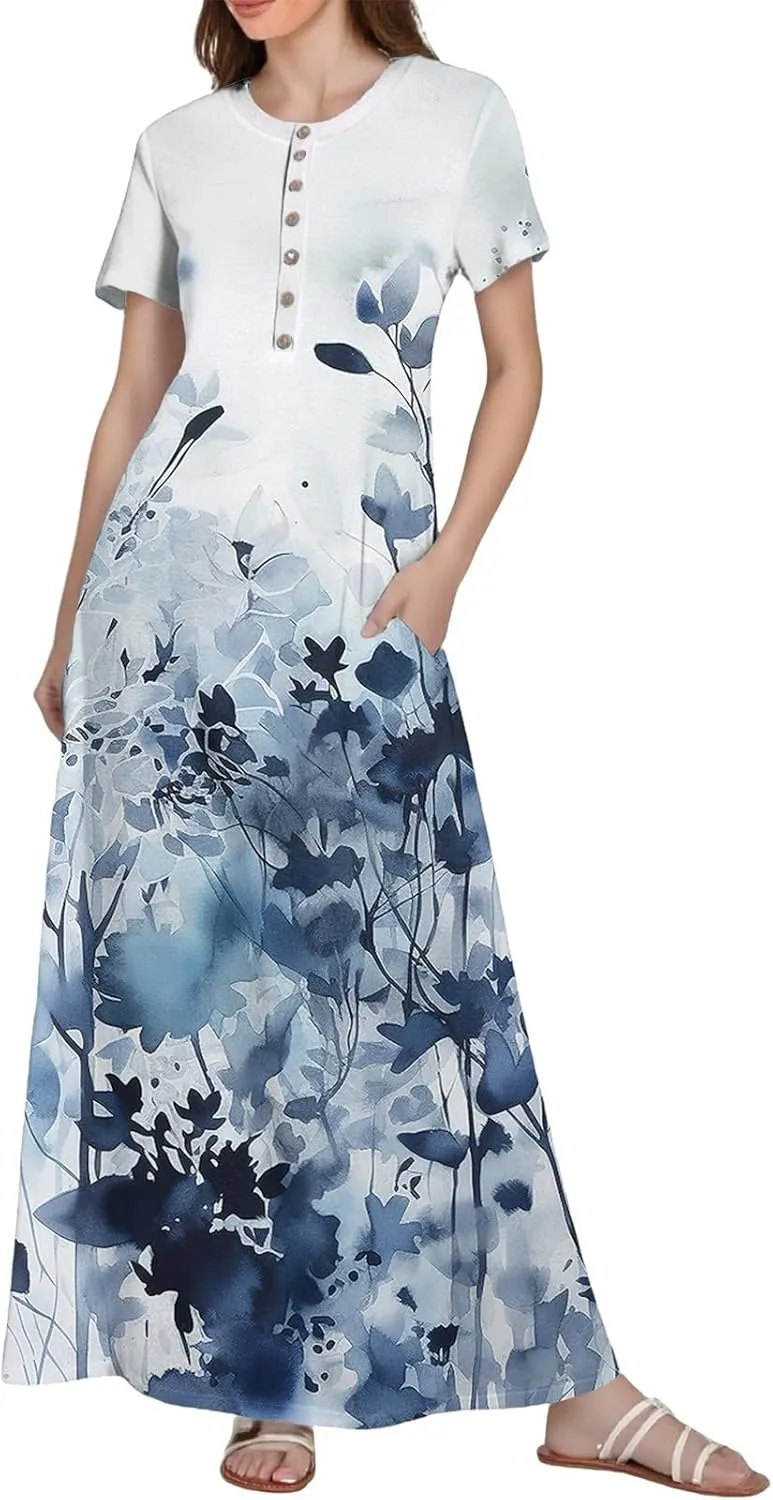 Women's Casual Summer 2025 Dresses Round Neck Short Sleeve Floral Print Button Dresses Casual Swing Boho Dress