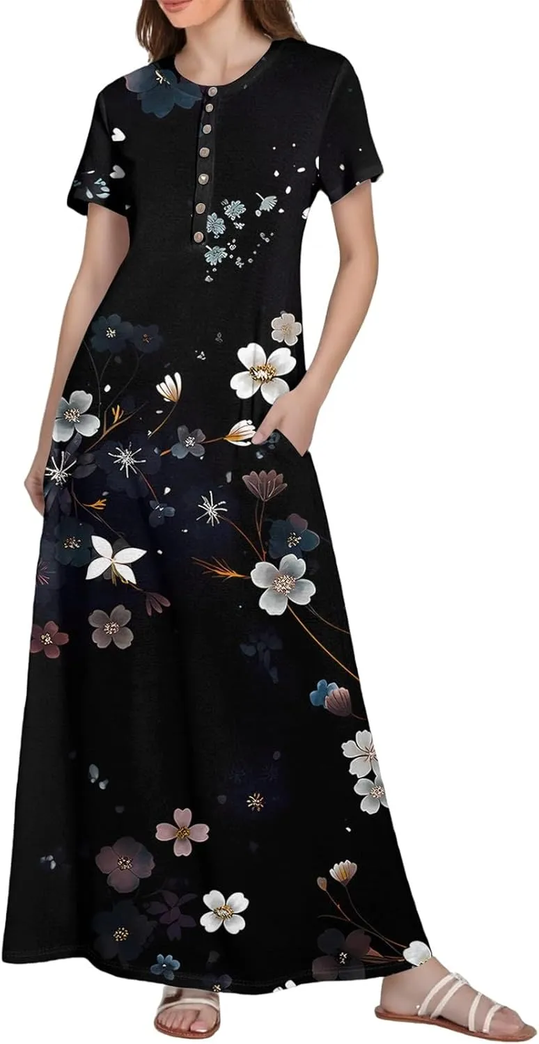 Women's Casual Summer 2025 Dresses Round Neck Short Sleeve Floral Print Button Dresses Casual Swing Boho Dress