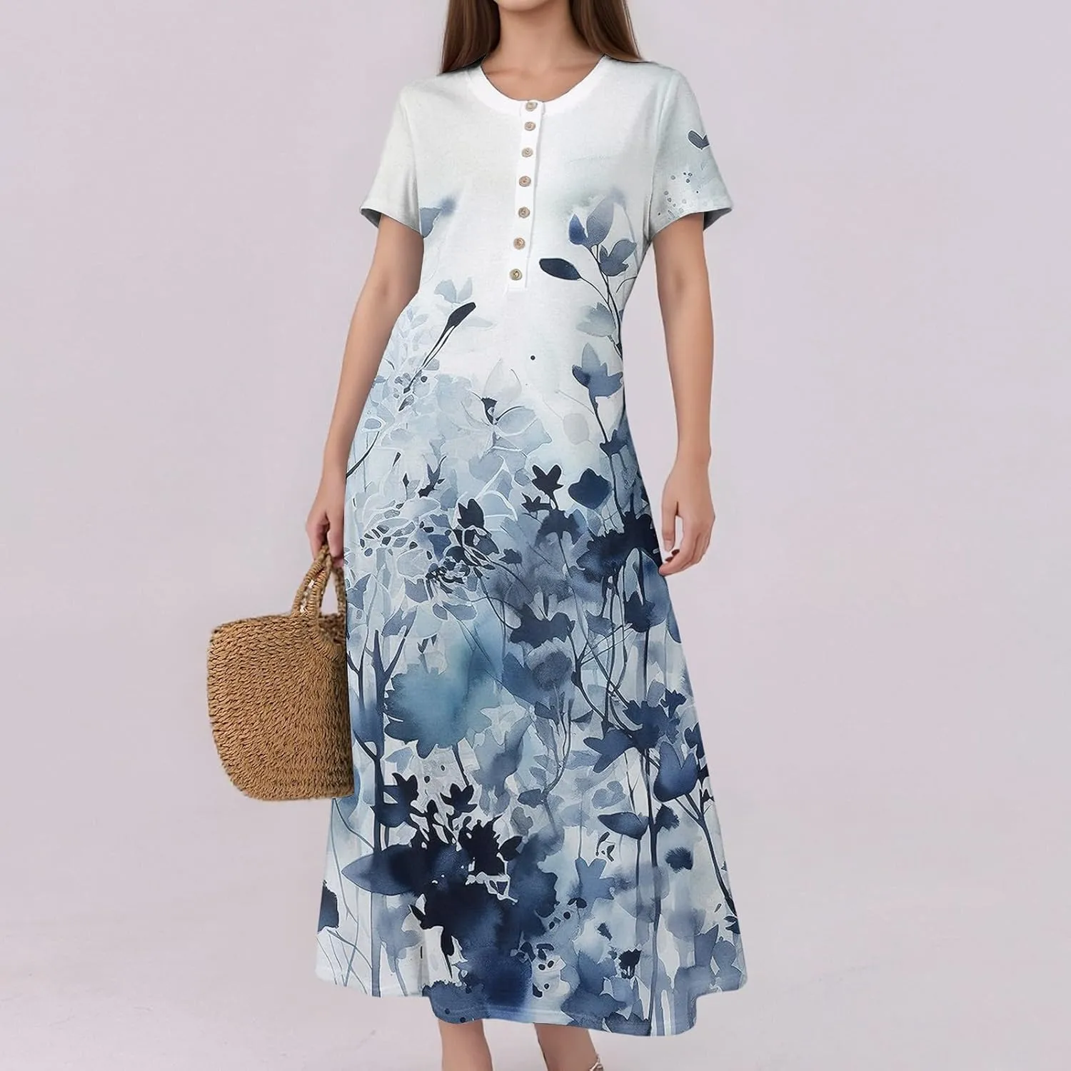 Women's Casual Summer 2025 Dresses Round Neck Short Sleeve Floral Print Button Dresses Casual Swing Boho Dress