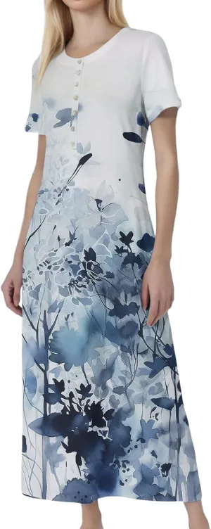 Women's Casual Summer 2025 Dresses Round Neck Short Sleeve Floral Print Button Dresses Casual Swing Boho Dress