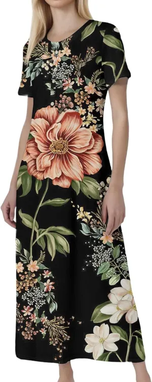 Women's Casual Summer 2025 Dresses Round Neck Short Sleeve Floral Print Button Dresses Casual Swing Boho Dress