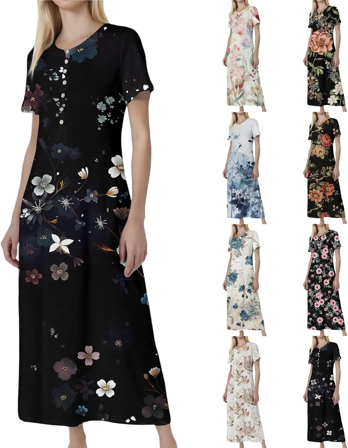 Women's Casual Summer 2025 Dresses Round Neck Short Sleeve Floral Print Button Dresses Casual Swing Boho Dress