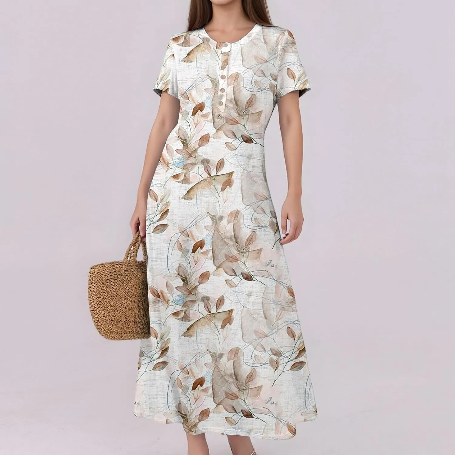 Women's Casual Summer 2025 Dresses Round Neck Short Sleeve Floral Print Button Dresses Casual Swing Boho Dress
