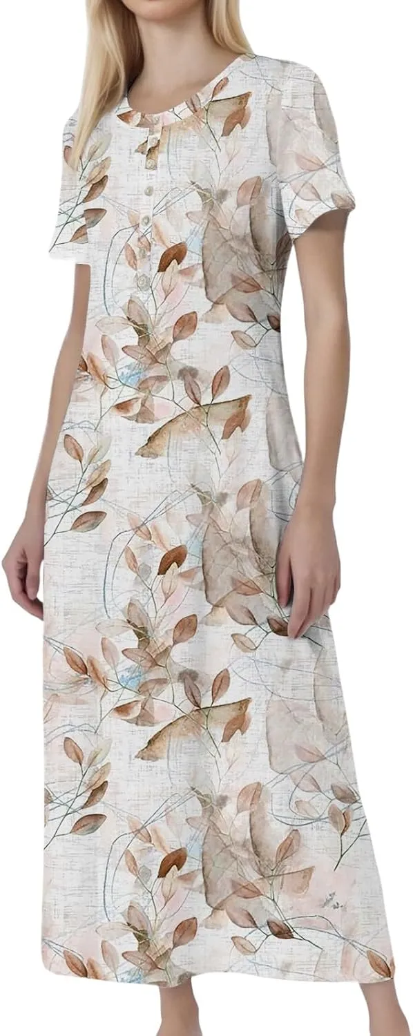 Women's Casual Summer 2025 Dresses Round Neck Short Sleeve Floral Print Button Dresses Casual Swing Boho Dress