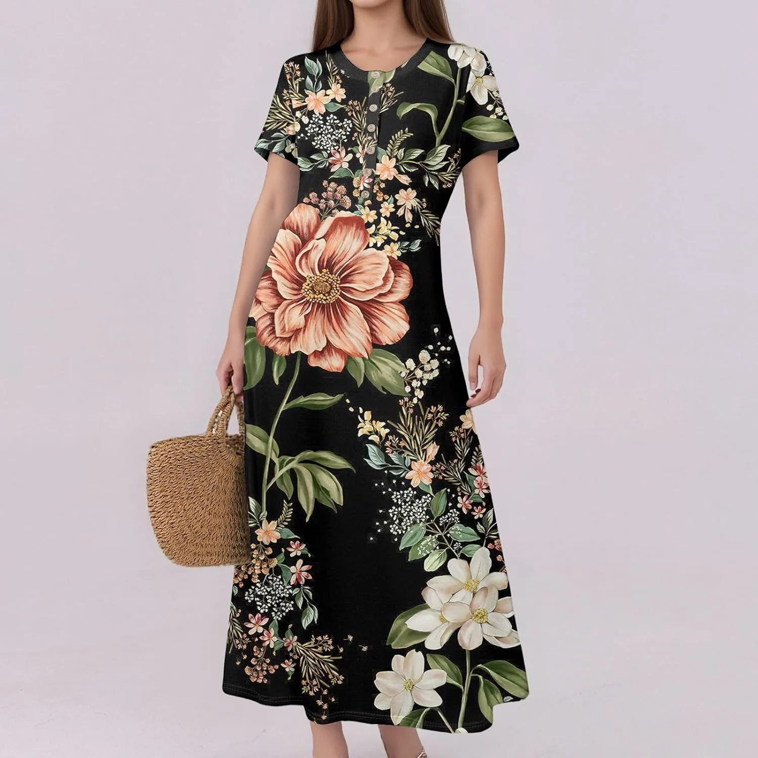 Women's Casual Summer 2025 Dresses Round Neck Short Sleeve Floral Print Button Dresses Casual Swing Boho Dress