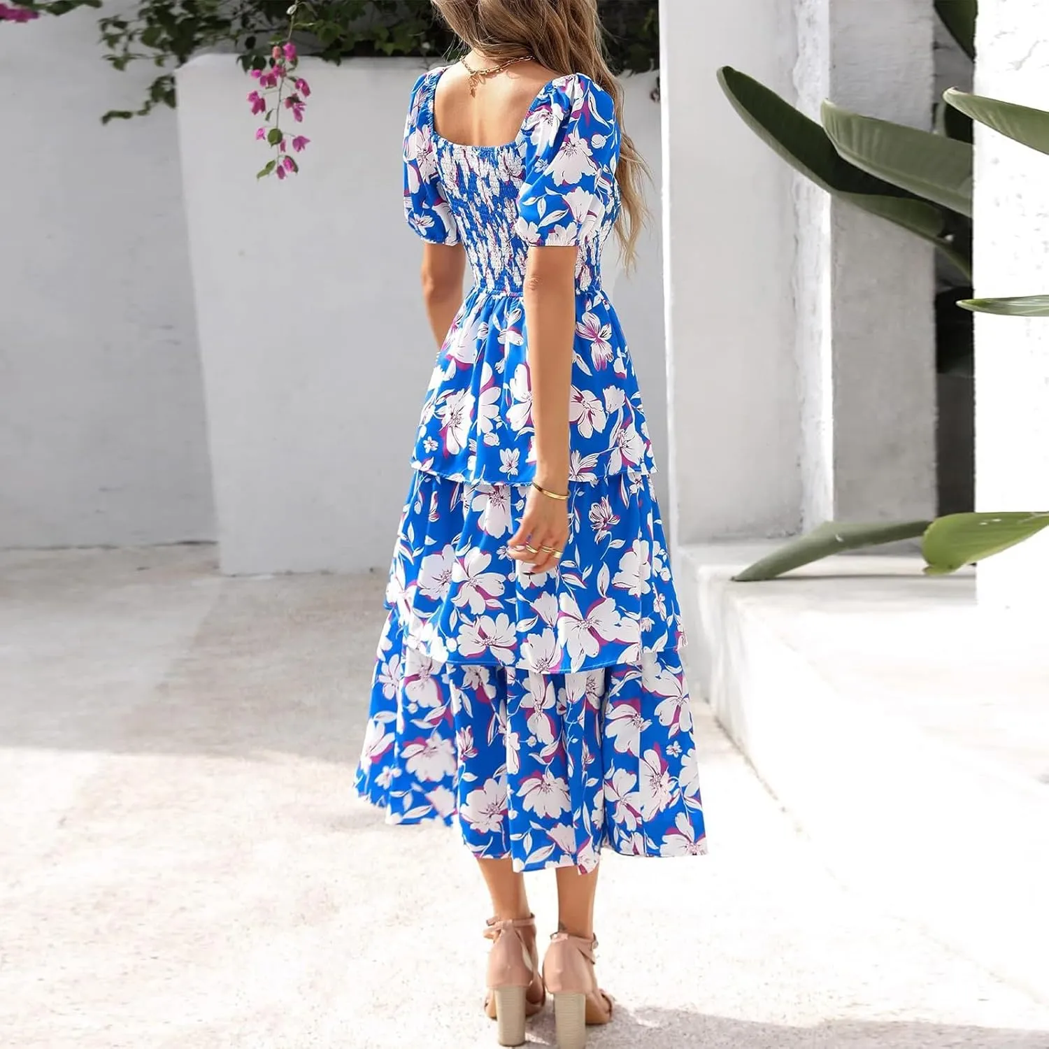 Women's Casual Summer Midi Dress Puffy Short Sleeve Square Neck Smocked Tiered Ruffle Dresses Wedding Guest Dresses