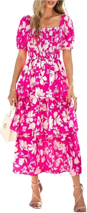 Women's Casual Summer Midi Dress Puffy Short Sleeve Square Neck Smocked Tiered Ruffle Dresses Wedding Guest Dresses