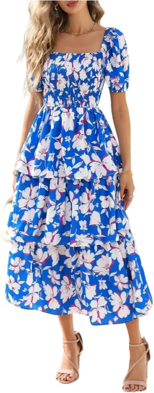 Women's Casual Summer Midi Dress Puffy Short Sleeve Square Neck Smocked Tiered Ruffle Dresses Wedding Guest Dresses