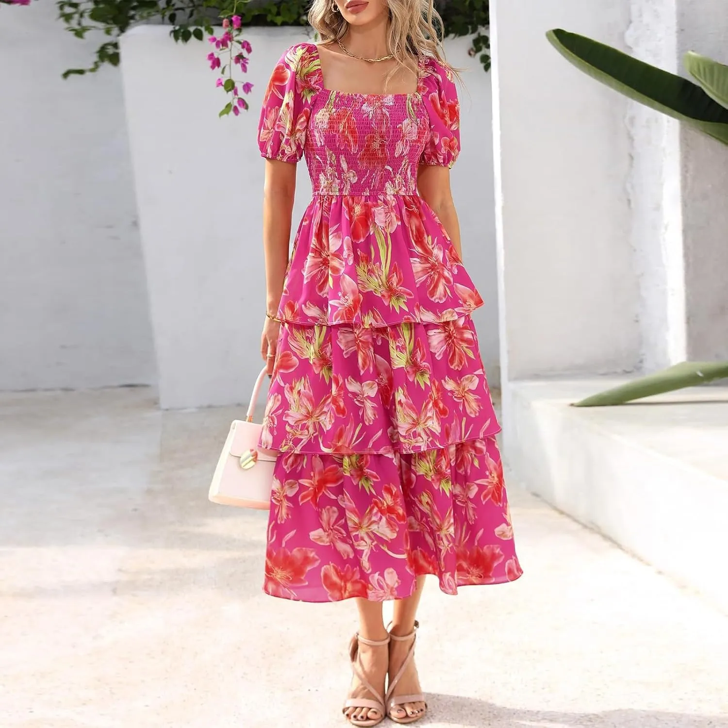 Women's Casual Summer Midi Dress Puffy Short Sleeve Square Neck Smocked Tiered Ruffle Dresses Wedding Guest Dresses