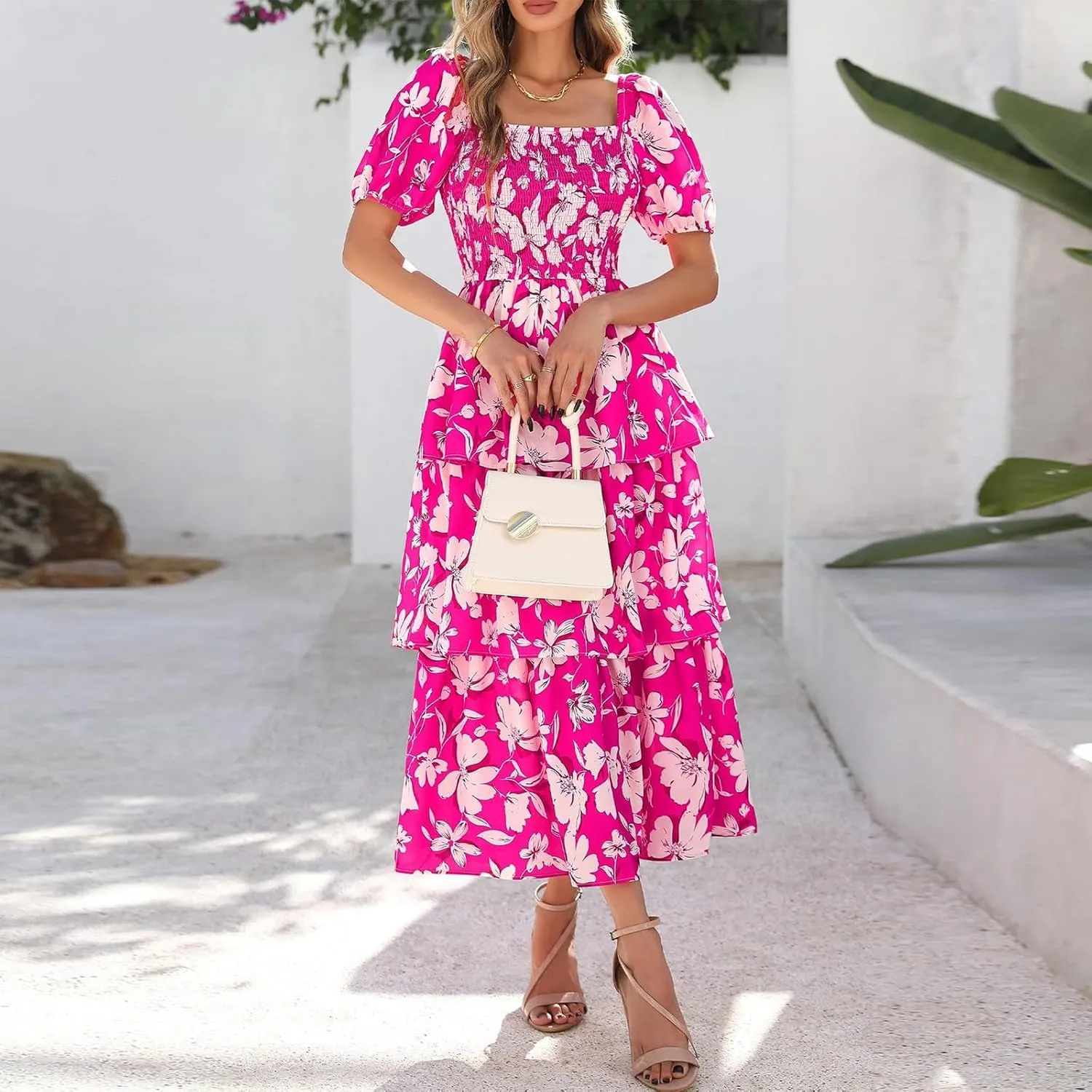 Women's Casual Summer Midi Dress Puffy Short Sleeve Square Neck Smocked Tiered Ruffle Dresses Wedding Guest Dresses