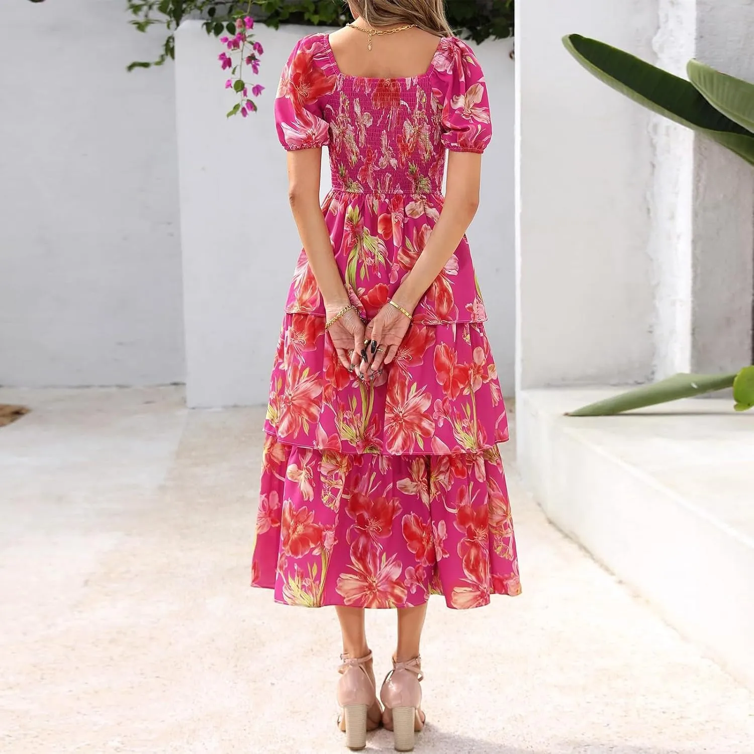 Women's Casual Summer Midi Dress Puffy Short Sleeve Square Neck Smocked Tiered Ruffle Dresses Wedding Guest Dresses