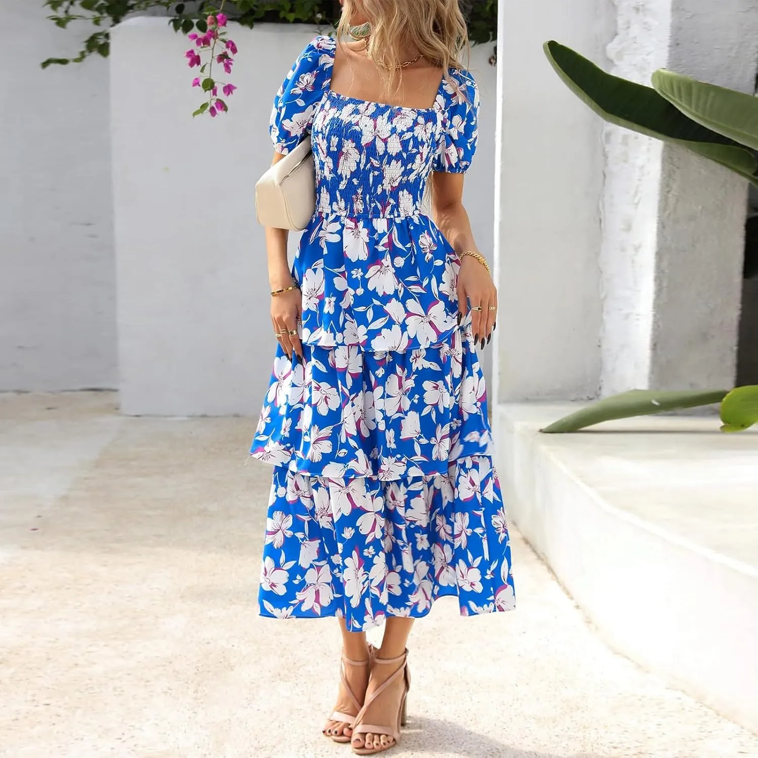 Women's Casual Summer Midi Dress Puffy Short Sleeve Square Neck Smocked Tiered Ruffle Dresses Wedding Guest Dresses