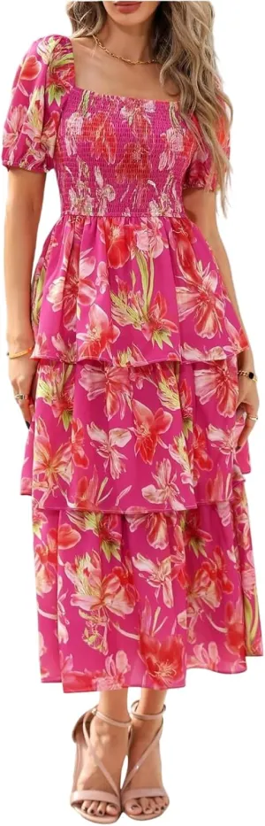 Women's Casual Summer Midi Dress Puffy Short Sleeve Square Neck Smocked Tiered Ruffle Dresses Wedding Guest Dresses