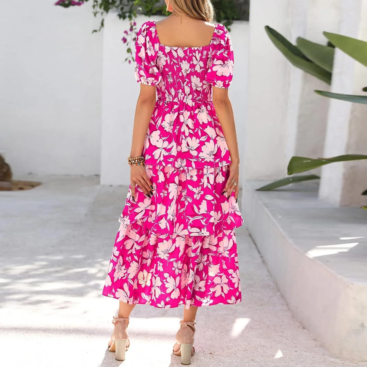 Women's Casual Summer Midi Dress Puffy Short Sleeve Square Neck Smocked Tiered Ruffle Dresses Wedding Guest Dresses