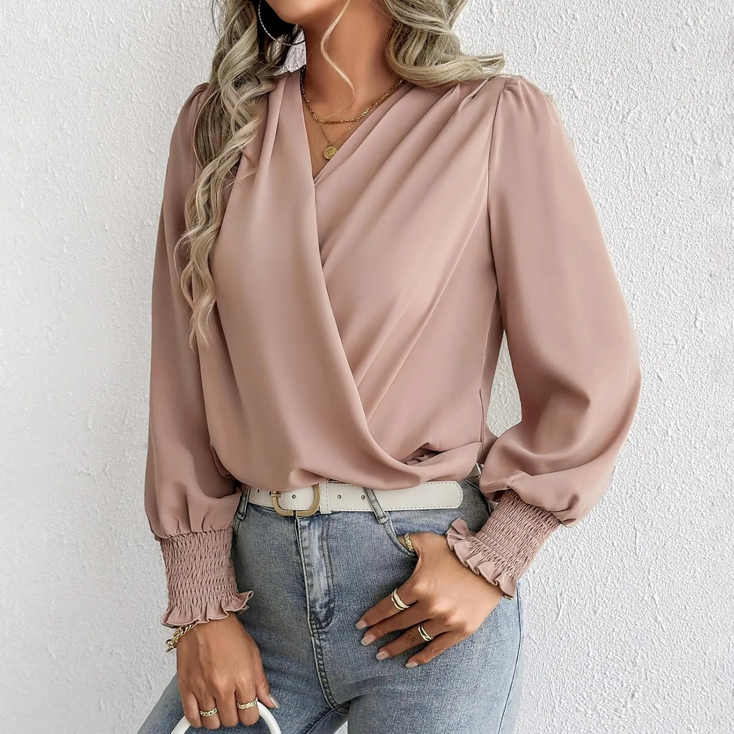 Women's Chiffon Draped Wrap V Neck Ruched Blouse Dressy Summer Casual Loose Elegant Shirred Cuff Long Sleeve Shirts Top