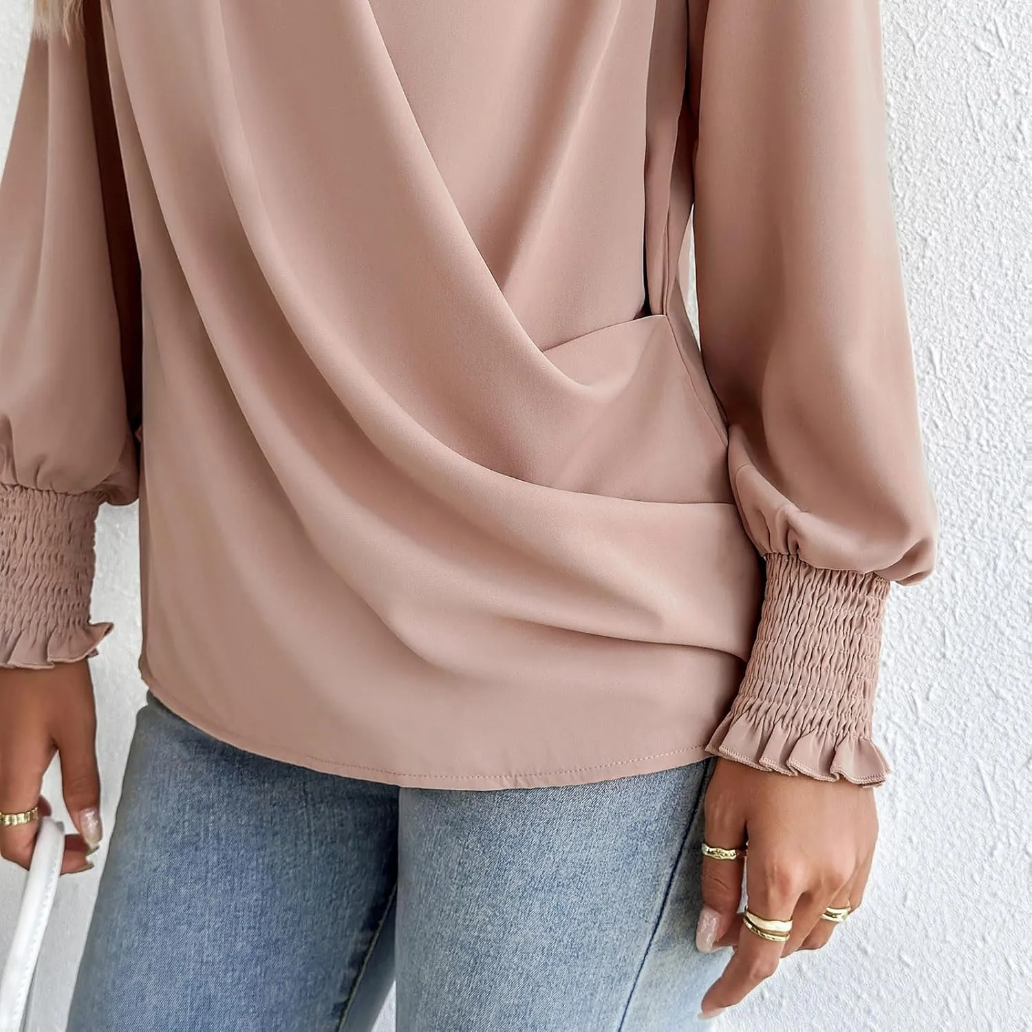 Women's Chiffon Draped Wrap V Neck Ruched Blouse Dressy Summer Casual Loose Elegant Shirred Cuff Long Sleeve Shirts Top