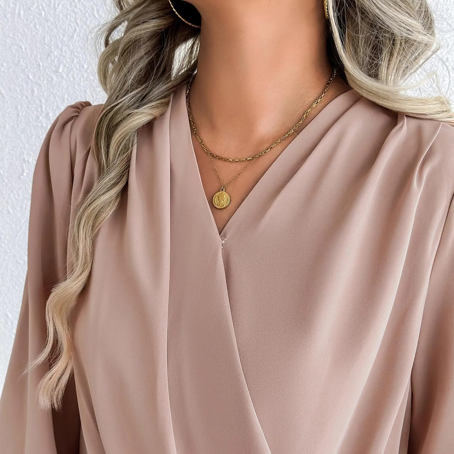 Women's Chiffon Draped Wrap V Neck Ruched Blouse Dressy Summer Casual Loose Elegant Shirred Cuff Long Sleeve Shirts Top