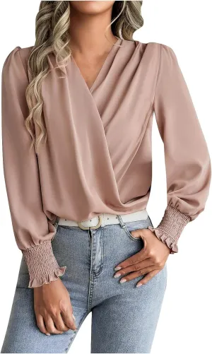 Women's Chiffon Draped Wrap V Neck Ruched Blouse Dressy Summer Casual Loose Elegant Shirred Cuff Long Sleeve Shirts Top