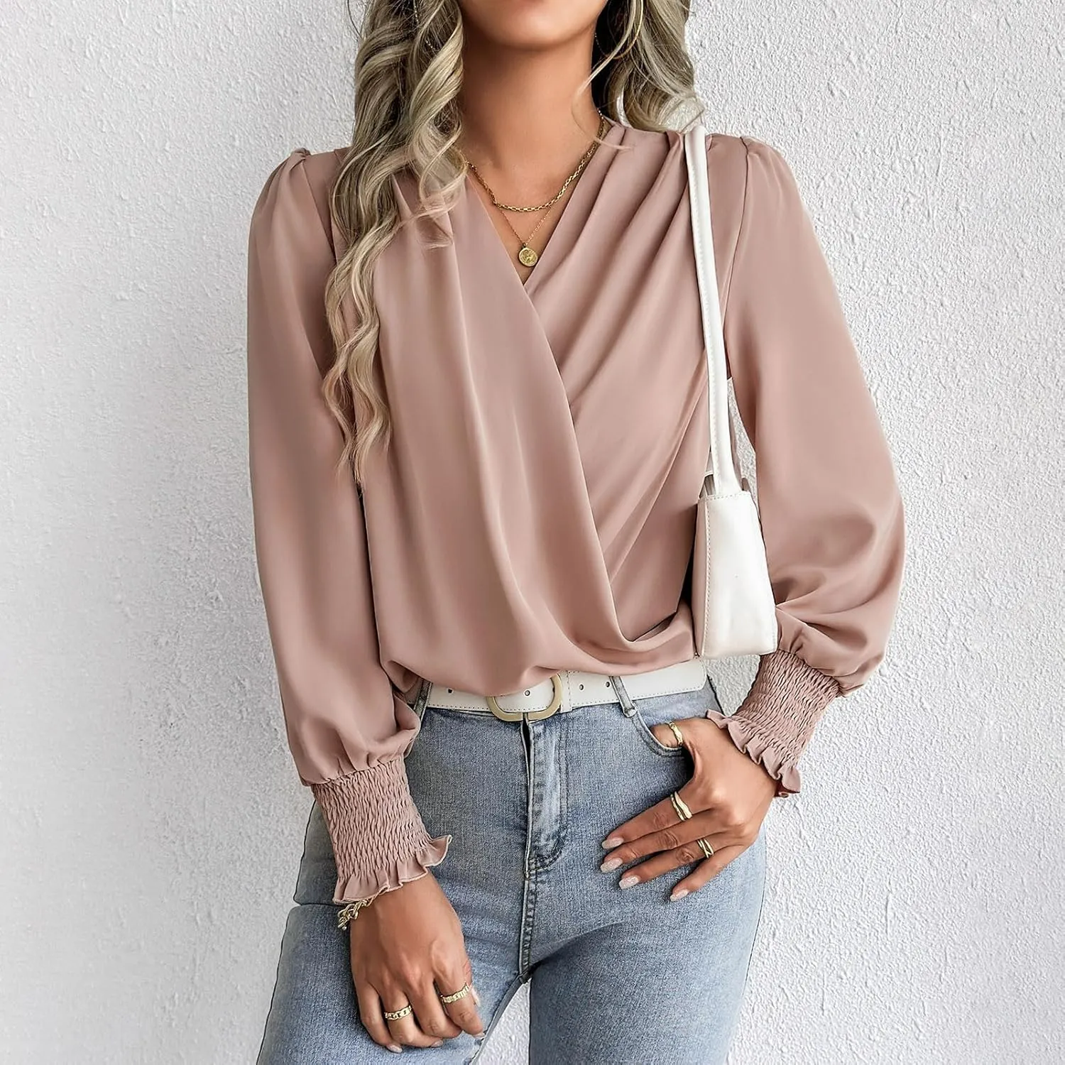 Women's Chiffon Draped Wrap V Neck Ruched Blouse Dressy Summer Casual Loose Elegant Shirred Cuff Long Sleeve Shirts Top