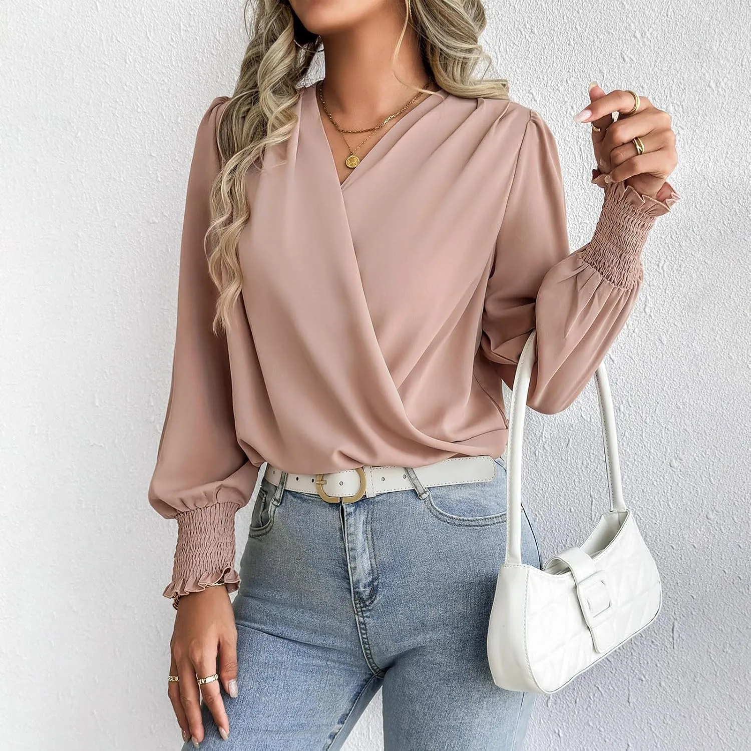 Women's Chiffon Draped Wrap V Neck Ruched Blouse Dressy Summer Casual Loose Elegant Shirred Cuff Long Sleeve Shirts Top