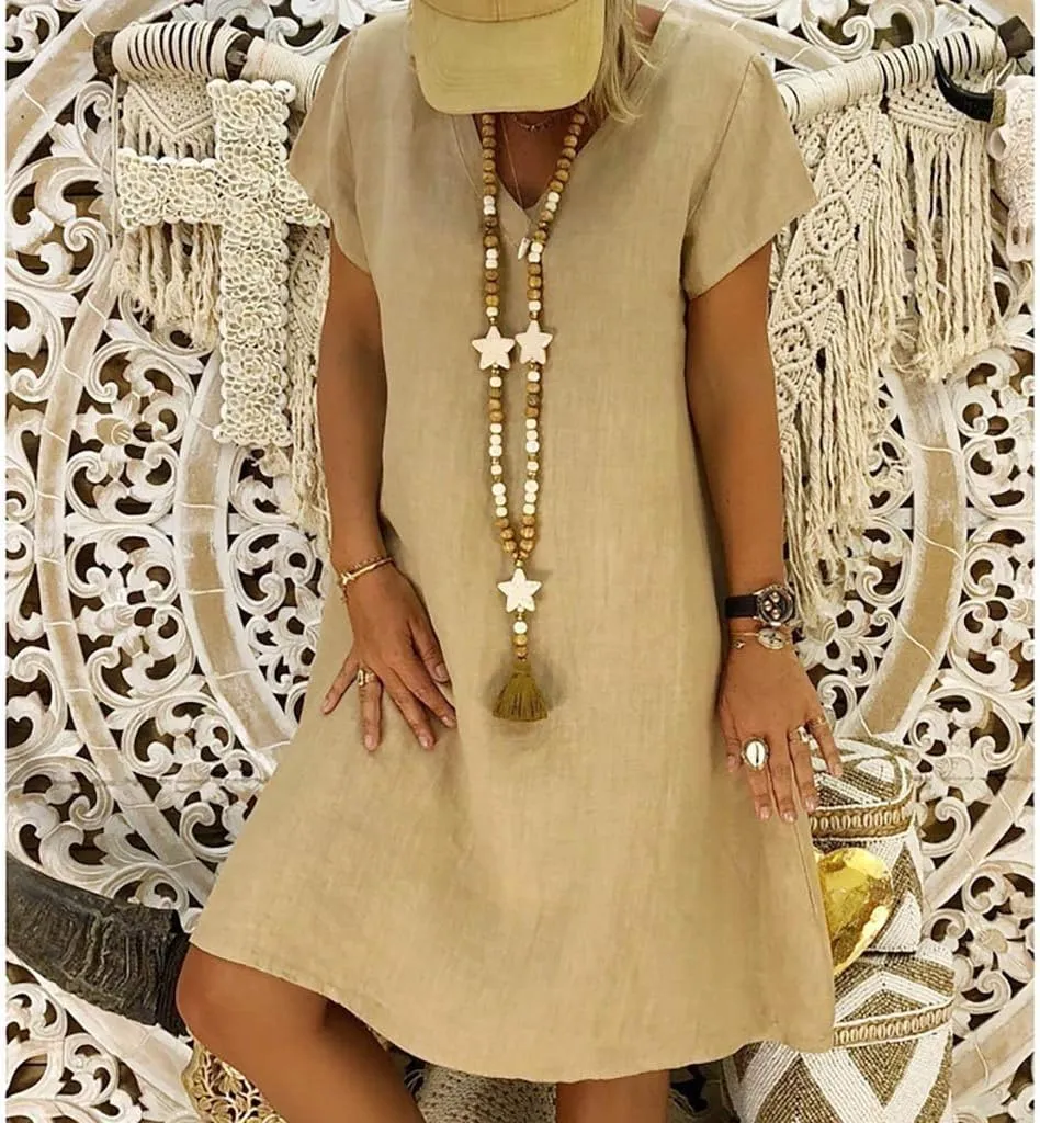 Women's Cotton Linen Dresses Summer Cup Sleeve Comfy Travel Sundresses Beach Wear Trendy Spring Vacation Clothes 2025