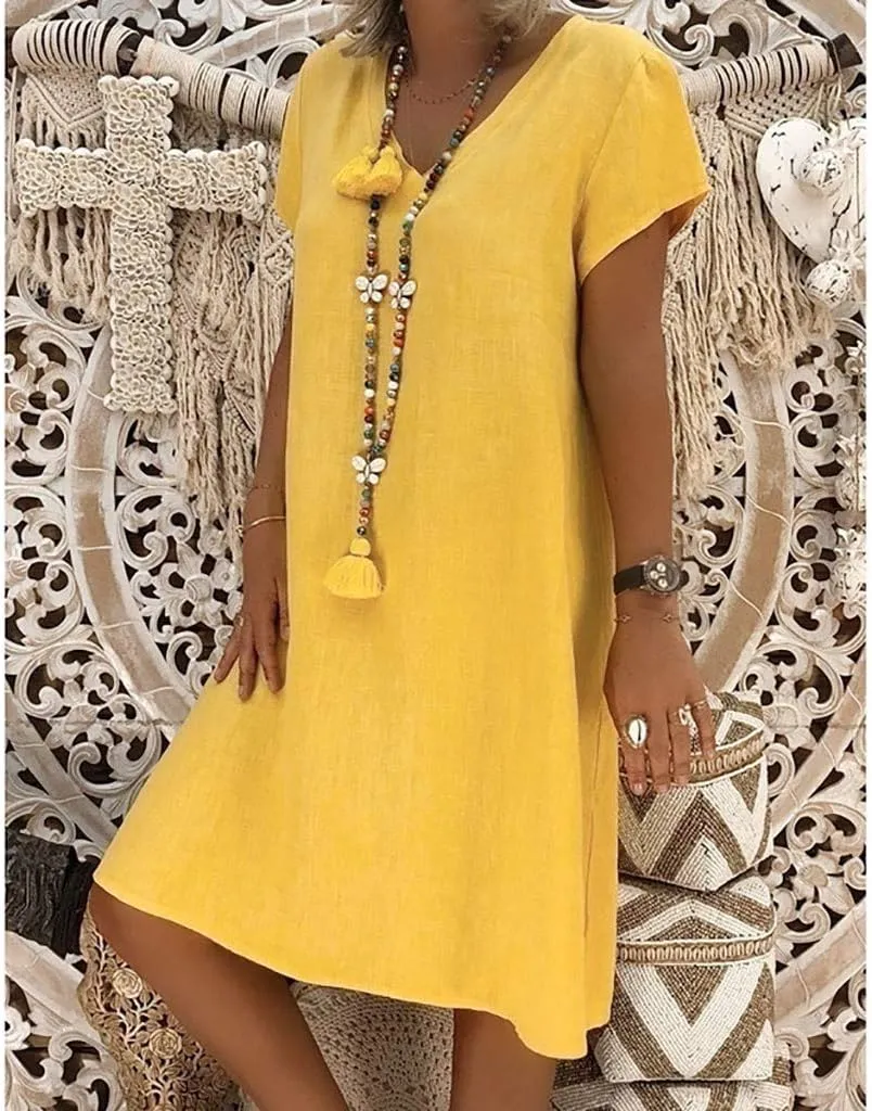 Women's Cotton Linen Dresses Summer Cup Sleeve Comfy Travel Sundresses Beach Wear Trendy Spring Vacation Clothes 2025