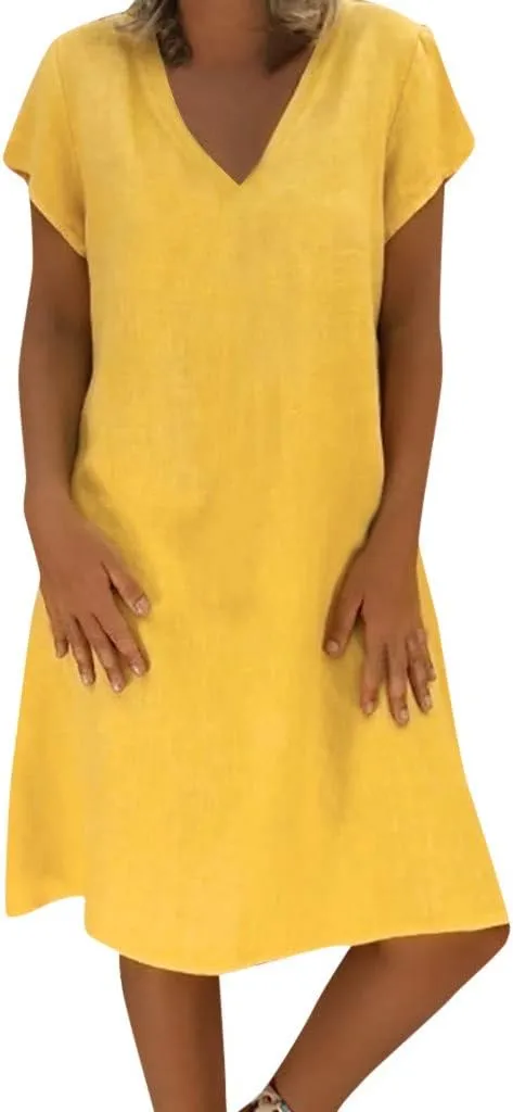 Women's Cotton Linen Dresses Summer Cup Sleeve Comfy Travel Sundresses Beach Wear Trendy Spring Vacation Clothes 2025
