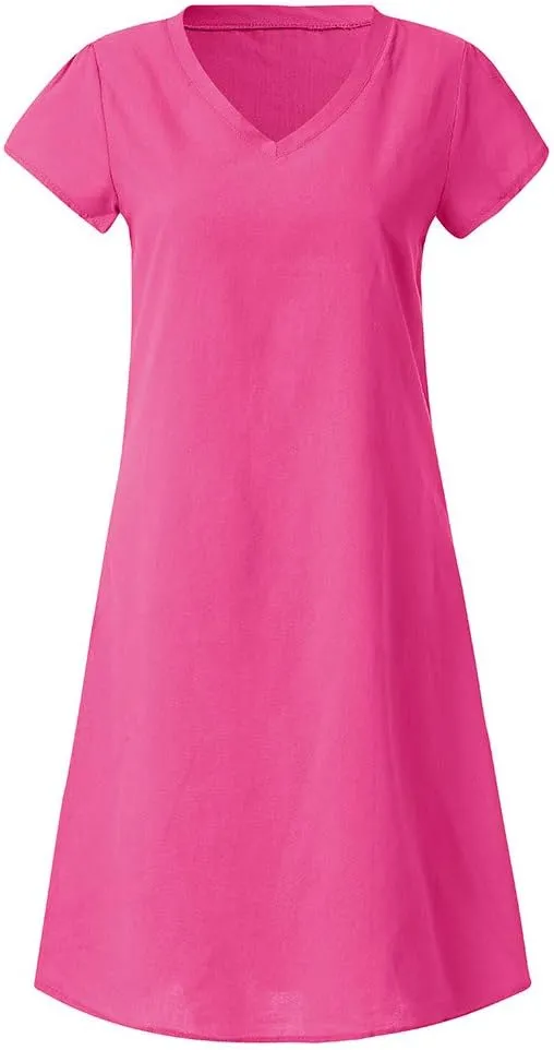 Women's Cotton Linen Dresses Summer Cup Sleeve Comfy Travel Sundresses Beach Wear Trendy Spring Vacation Clothes 2025