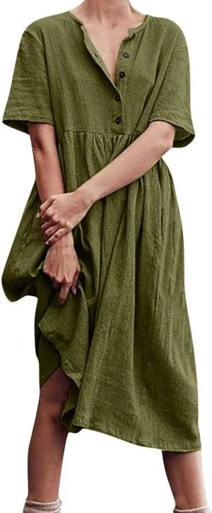 Womens Cotton Linen Midi Dress Button Down Casual Loose Short Sleeve Crew Neck Slim Dresses Cute Beach Flowy Dresses