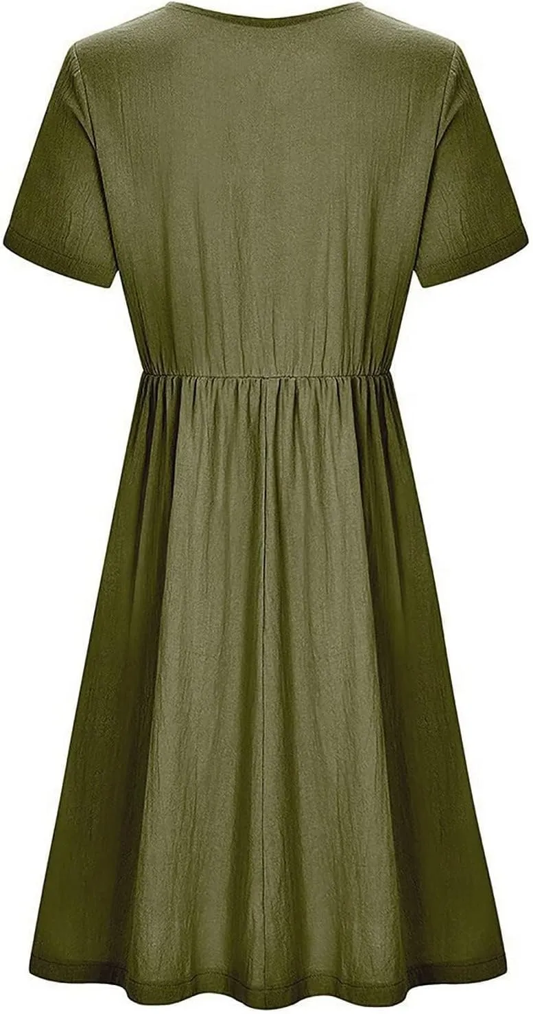 Womens Cotton Linen Midi Dress Button Down Casual Loose Short Sleeve Crew Neck Slim Dresses Cute Beach Flowy Dresses