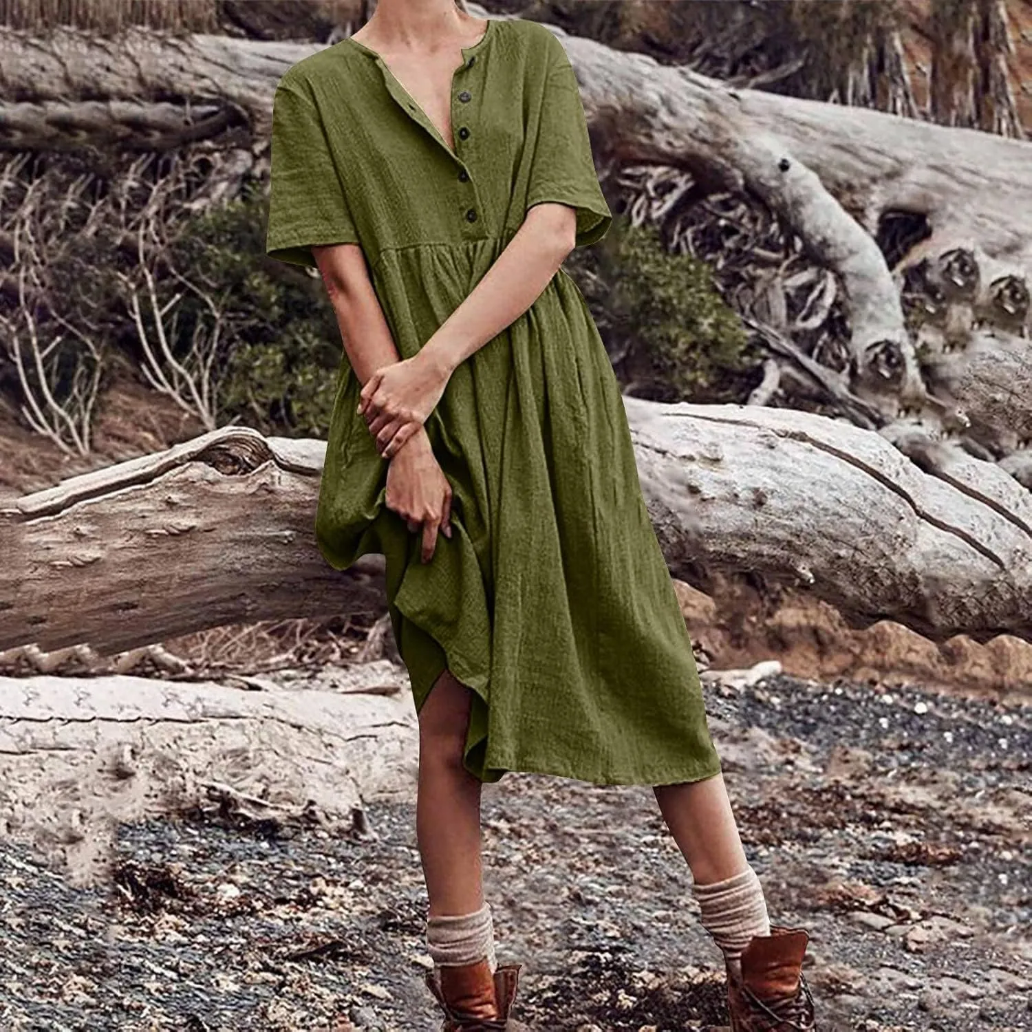 Womens Cotton Linen Midi Dress Button Down Casual Loose Short Sleeve Crew Neck Slim Dresses Cute Beach Flowy Dresses
