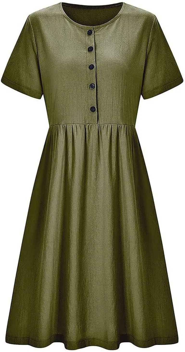 Womens Cotton Linen Midi Dress Button Down Casual Loose Short Sleeve Crew Neck Slim Dresses Cute Beach Flowy Dresses