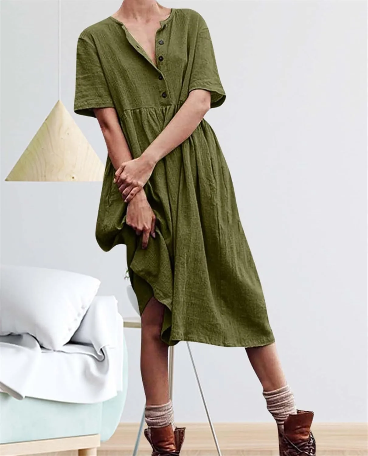 Womens Cotton Linen Midi Dress Button Down Casual Loose Short Sleeve Crew Neck Slim Dresses Cute Beach Flowy Dresses