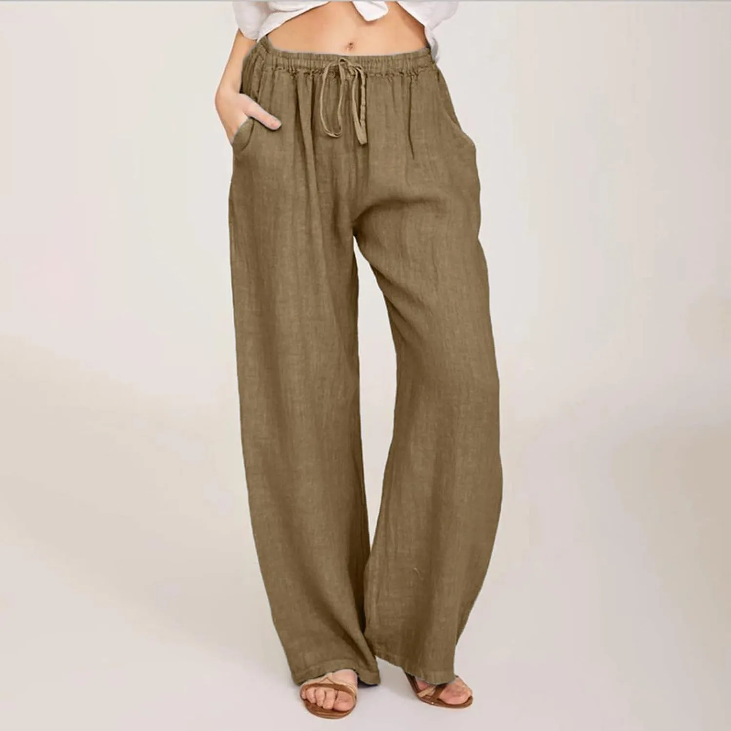 Women's Cotton Linen Pants Summer Straight Leg Palazzo Pants Loose High Waist Drawstring Casual Trousers with Pockets
