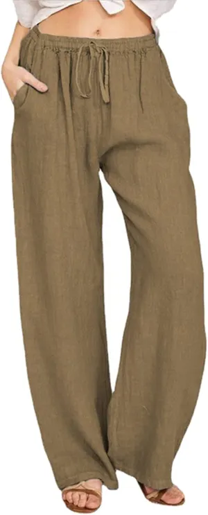 Women's Cotton Linen Pants Summer Straight Leg Palazzo Pants Loose High Waist Drawstring Casual Trousers with Pockets