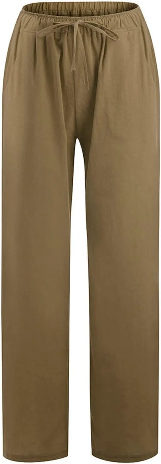 Women's Cotton Linen Pants Summer Straight Leg Palazzo Pants Loose High Waist Drawstring Casual Trousers with Pockets