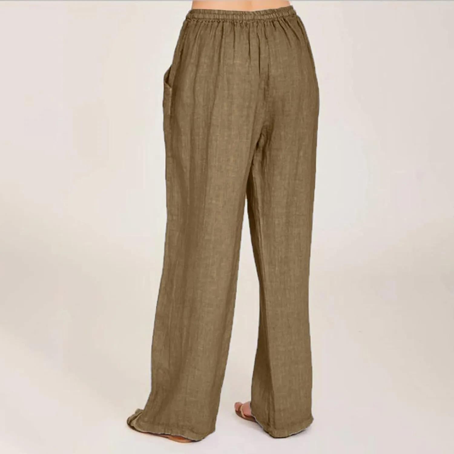 Women's Cotton Linen Pants Summer Straight Leg Palazzo Pants Loose High Waist Drawstring Casual Trousers with Pockets