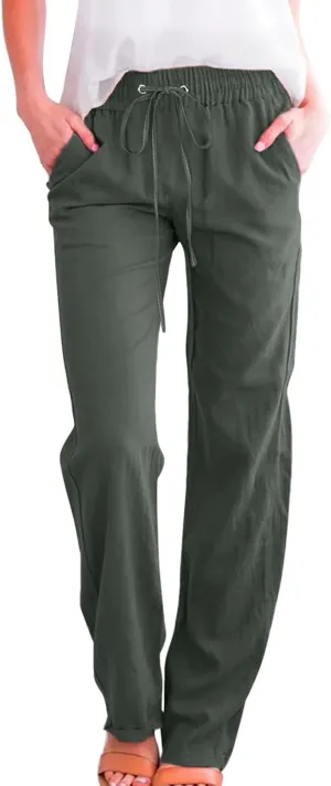 Womens Cotton Linen Pants Women High Waisted Wide Leg Pants Casual Drawstring Elastic Lightweight Tapered Lounge