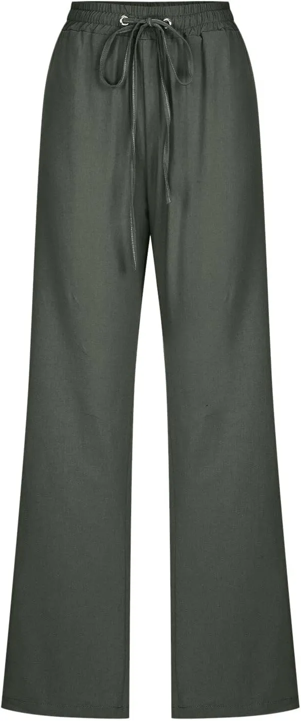 Womens Cotton Linen Pants Women High Waisted Wide Leg Pants Casual Drawstring Elastic Lightweight Tapered Lounge