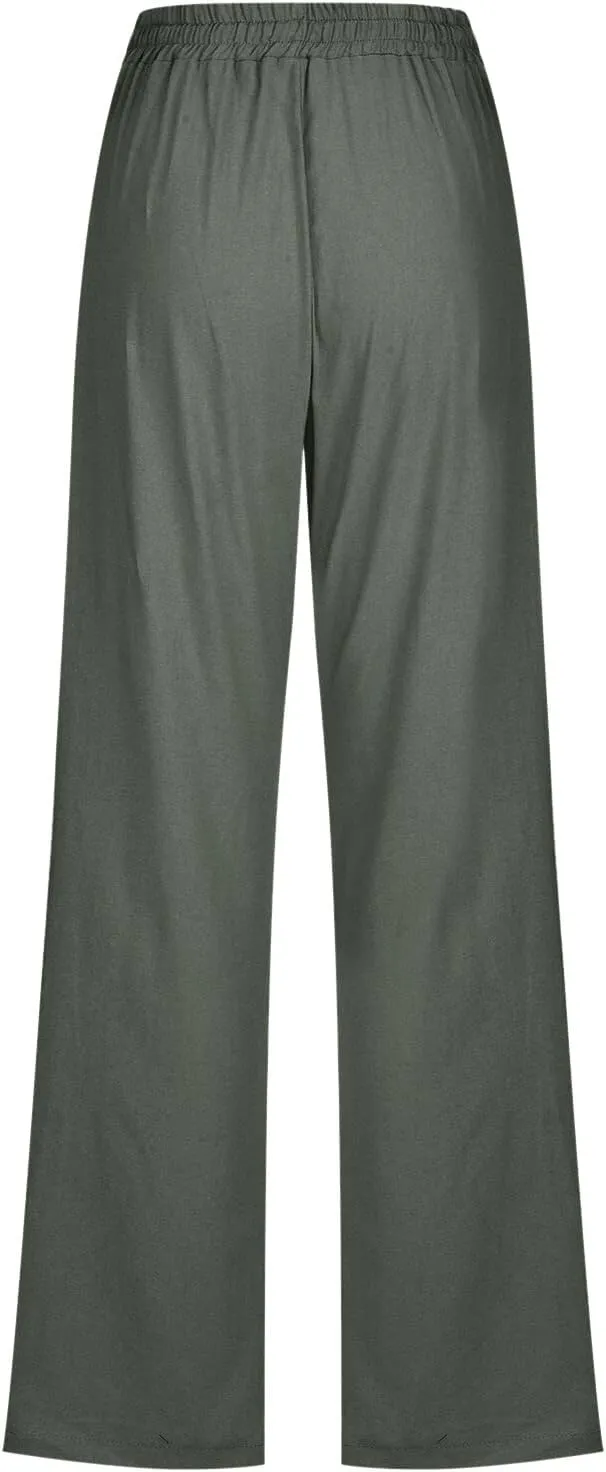 Womens Cotton Linen Pants Women High Waisted Wide Leg Pants Casual Drawstring Elastic Lightweight Tapered Lounge