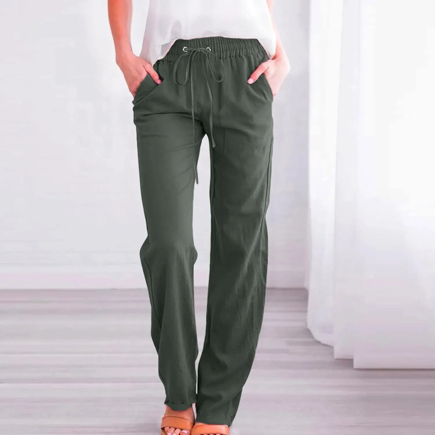 Womens Cotton Linen Pants Women High Waisted Wide Leg Pants Casual Drawstring Elastic Lightweight Tapered Lounge