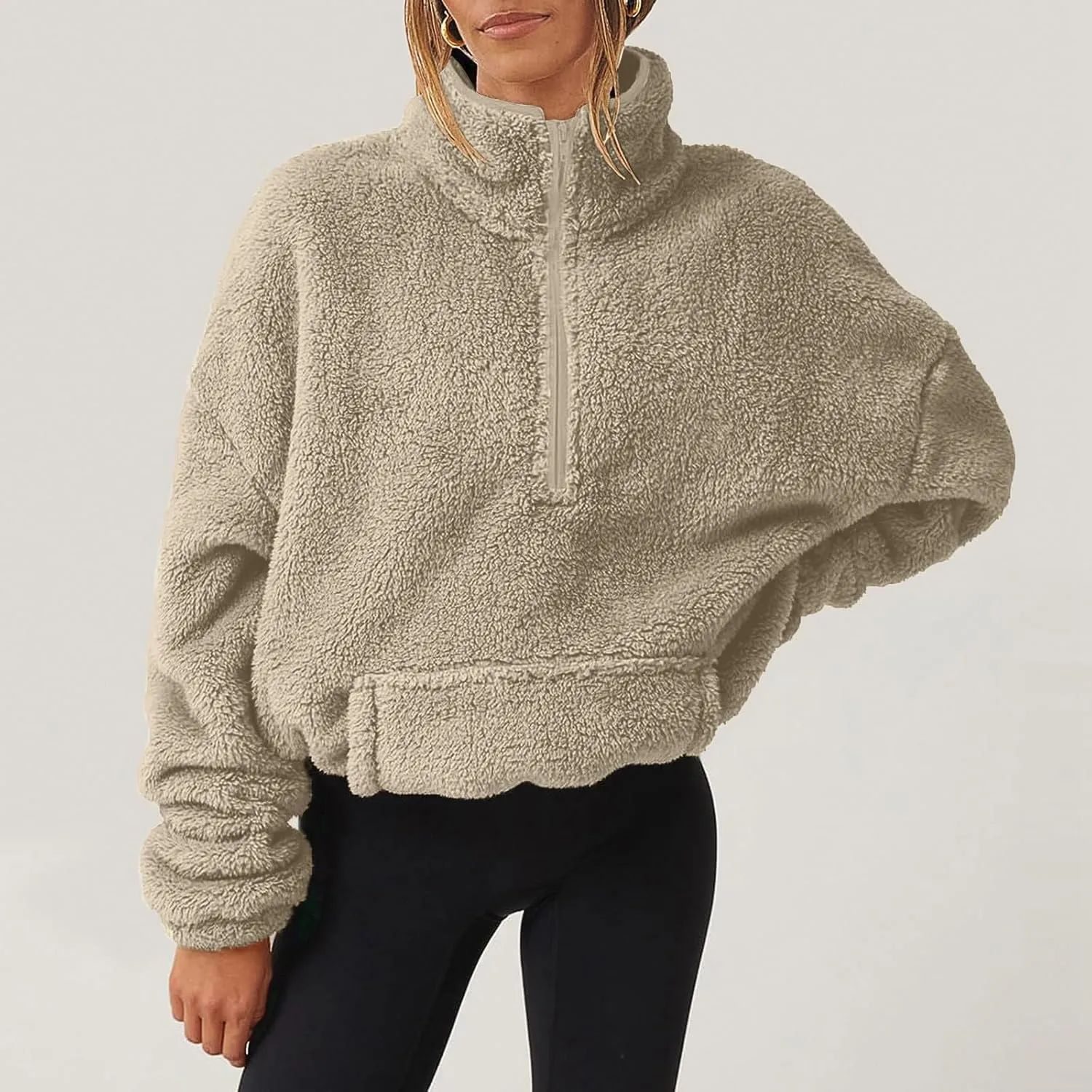 Womens Cropped Half Zip Pullover Cozy Warm Sherpa Fleece Sweatshirt No Hood 1/4 Zip Sweater with Pockets