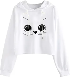 Womens Cropped Hoodies Fall 2024 Casual Solid Cat Print Hooded Sweatshirt Drawstring pullover Tops