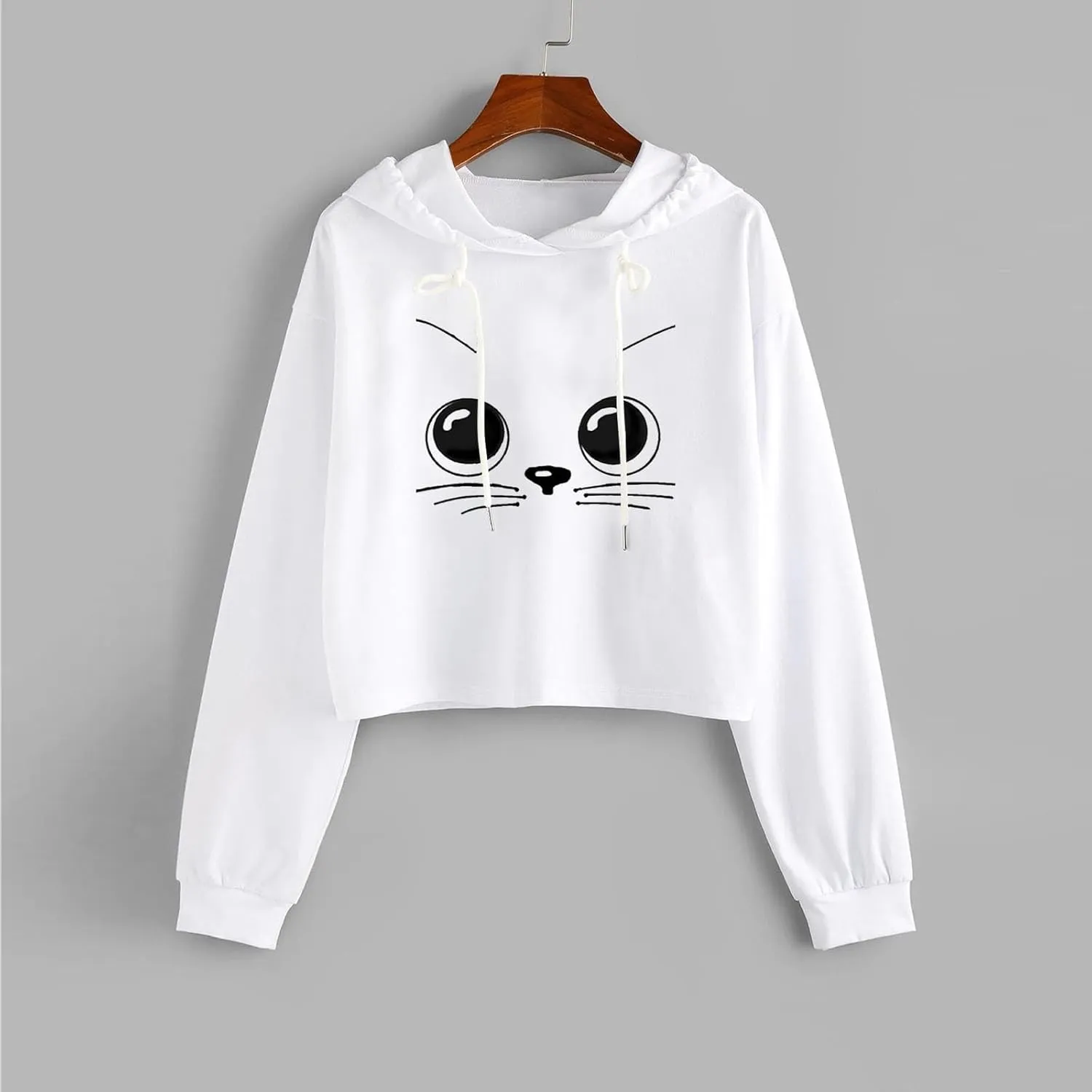 Womens Cropped Hoodies Fall 2024 Casual Solid Cat Print Hooded Sweatshirt Drawstring pullover Tops