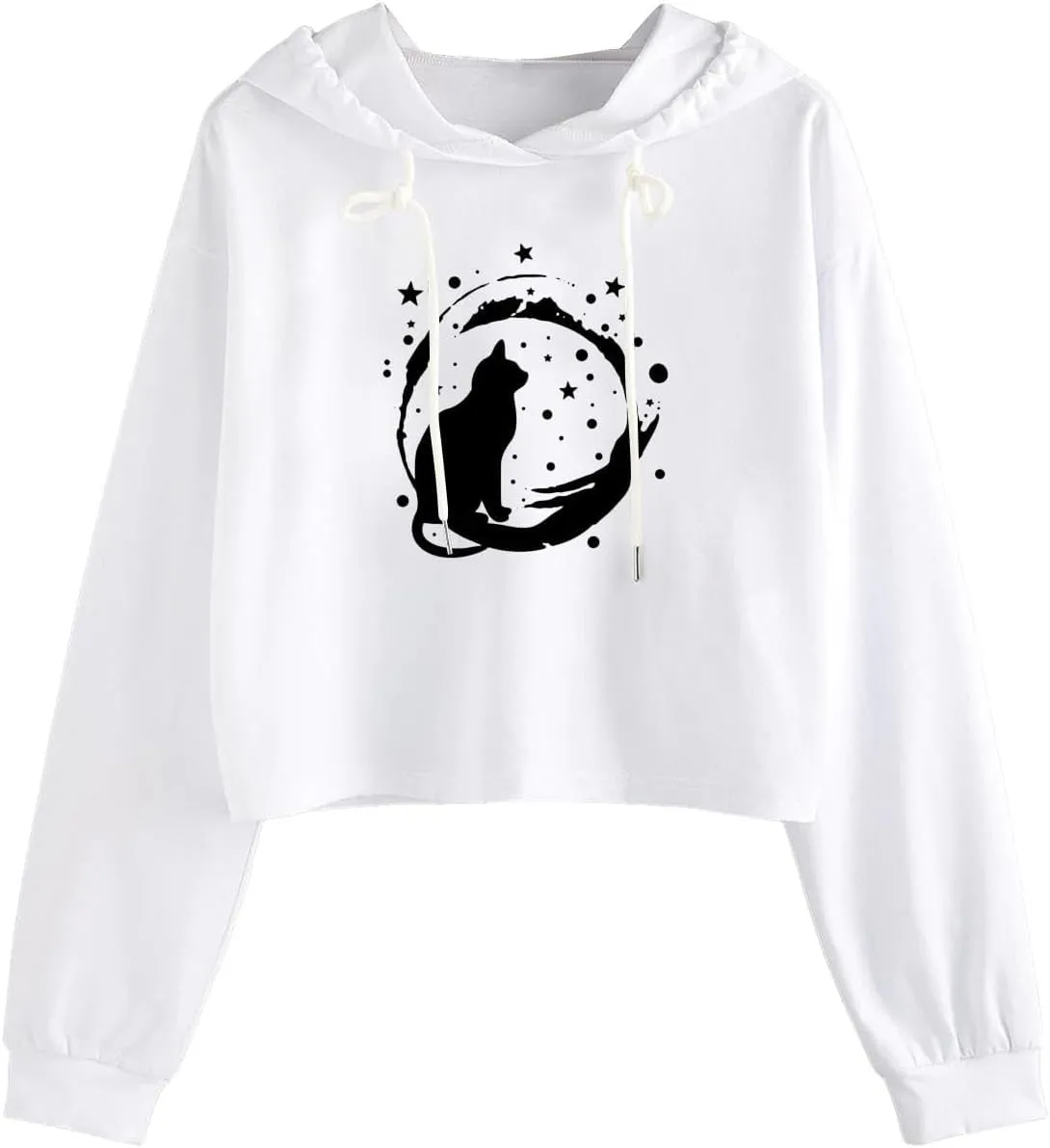 Womens Cropped Hoodies Fall 2024 Casual Solid Cat Print Hooded Sweatshirt Drawstring pullover Tops