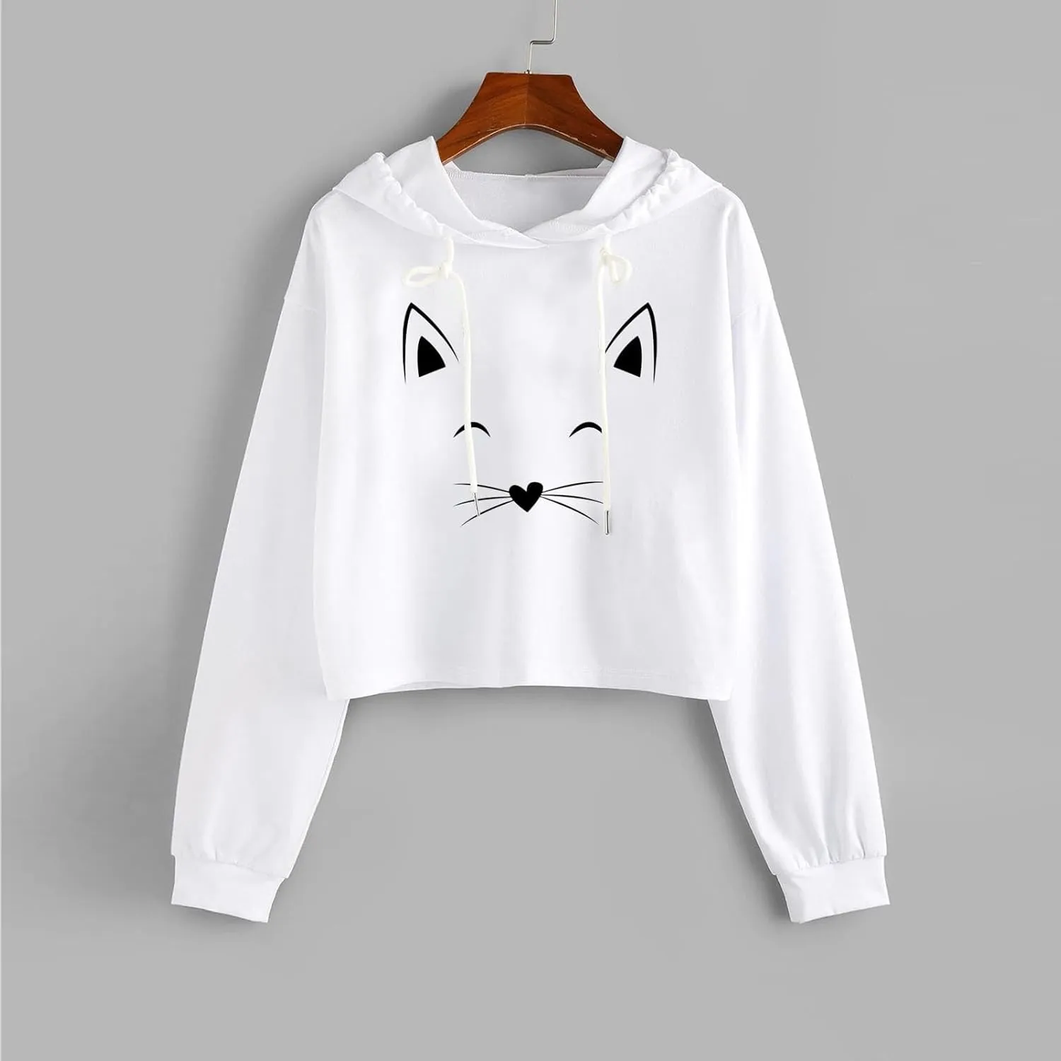 Womens Cropped Hoodies Fall 2024 Casual Solid Cat Print Hooded Sweatshirt Drawstring pullover Tops
