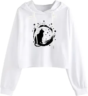 Womens Cropped Hoodies Fall 2024 Casual Solid Cat Print Hooded Sweatshirt Drawstring pullover Tops