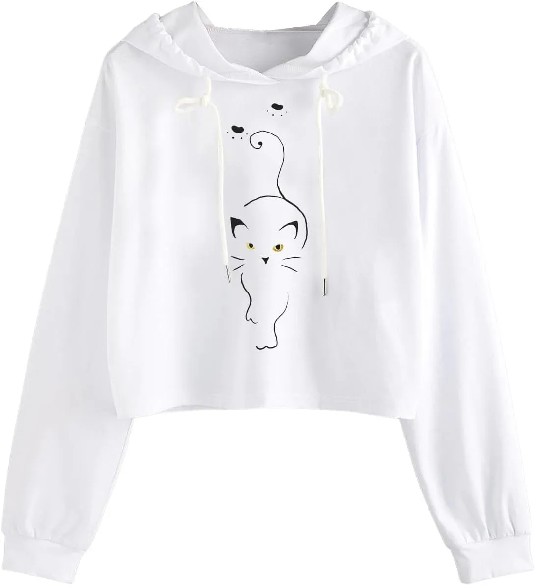 Womens Cropped Hoodies Fall 2024 Casual Solid Cat Print Hooded Sweatshirt Drawstring pullover Tops