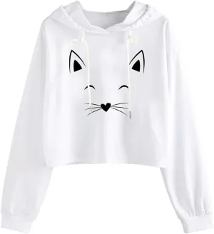 Womens Cropped Hoodies Fall 2024 Casual Solid Cat Print Hooded Sweatshirt Drawstring pullover Tops